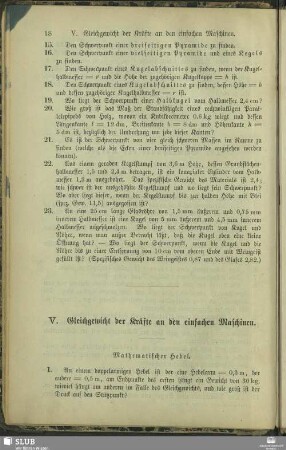 V. Gleichgewicht der Kräfte an den einfachen Maschinen