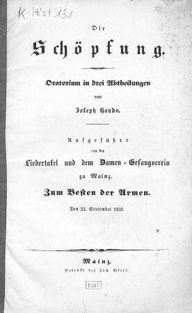 Die Schöpfung : Oratorium in 3 Abth.