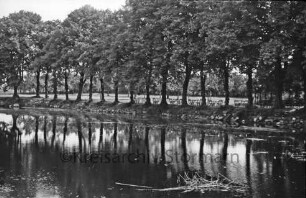 Mühlenteich: am gegenüberliegenden Ufer Baumreihe: dazwischen Tische und Stühle der Gaststätte "Glinder Mühle"