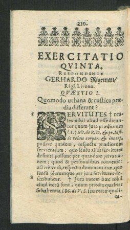 Exercitatio Quinta. Respondente Gerhardo Rigemann