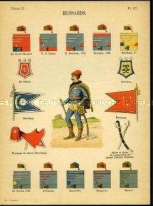 Uniformdarstellung, Husar, Detailstudien von Kopfbedeckungen, Säbeltaschen, Standarten, Säbel, Stock und Abzeichen verschiedener Husaren-Regimenter, Königreich Frankreich, 1735/1743.