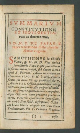 Summarium Constitutionis Et Indulgentiarum ac decretorum.