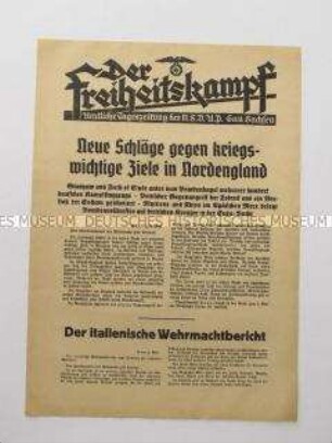 Nachrichtenblatt der sächsischen NSDAP-Zeitung "Der Freiheitskampf" über den deutschen Luftangriff auf Industrieanlagen, Rüstungsbetrieben sowie Häfen in Nordengland