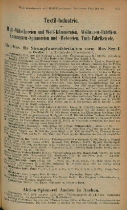 Woll-Wäschereien und Woll-Kämmereien, Wollwaren-Fabriken, Kammgarn-Spinnereien und -Webereien, Tuch-Fabriken etc.