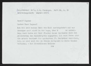 Brief von Gerhart Hauptmann an Rudolf Kayser