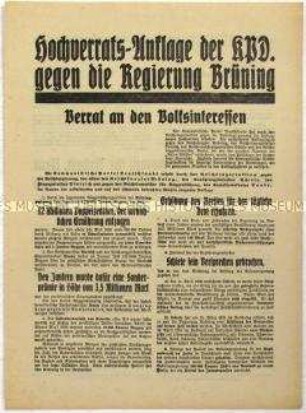 Flugblatt der KPD mit ihrer Hochverrats-Anklage an die Reichsregierung auf Grund der Sozial- und Wirtschaftspolitik