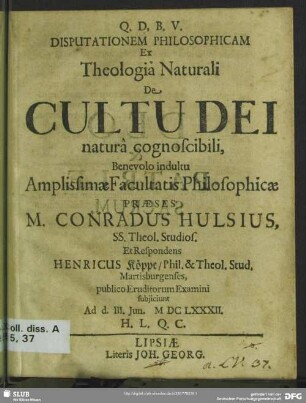 Disputationem philosophicam ex theologia naturali de cultu dei natura cognoscibili
