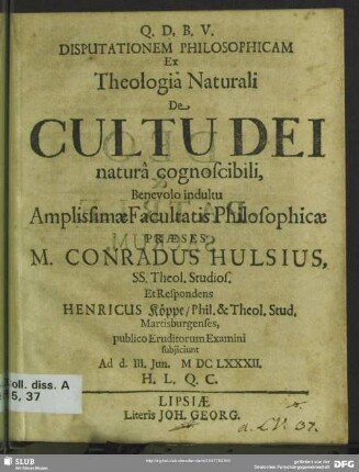 Disputationem philosophicam ex theologia naturali de cultu dei natura cognoscibili