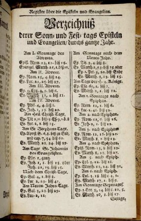 Verzeichnis derer Sonn- und Festtags Episteln und Evangelien durchs ganze Jahr.