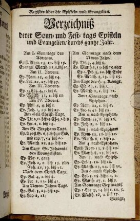 Verzeichnis derer Sonn- und Festtags Episteln und Evangelien durchs ganze Jahr.