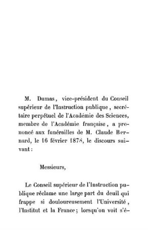 [Discours de M. Dumas aux funérailles de M. Claude Bernard.]