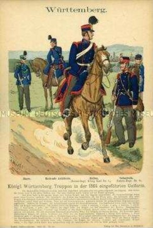 Uniformdarstellung, Gemeine des Jäger-Regiments, der Reitenden Artillerie, des 1. Reiter-Regiments und des 8. Infanterie-Regiments, Königreich Württemberg, 1864.