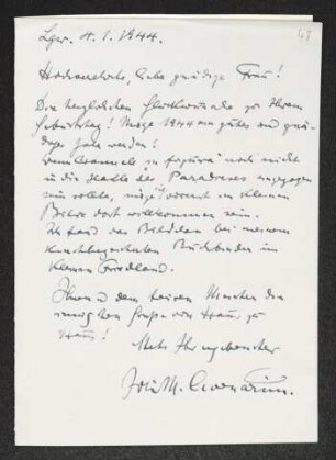 Brief von Hannes M. Avenarius an Margarete Hauptmann