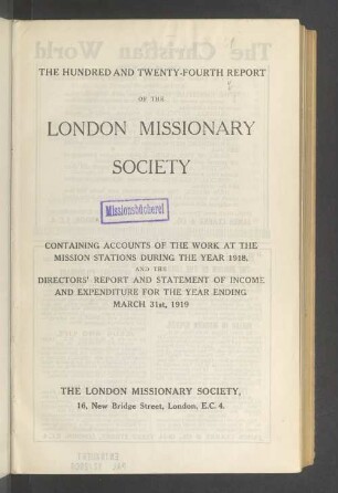 124.1918/19: Report of the London Missionary Society