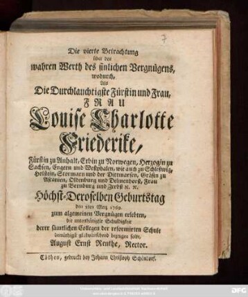 4: Die ... Betrachtung über den wahren Werth des sinlichen Vegnügens ...
