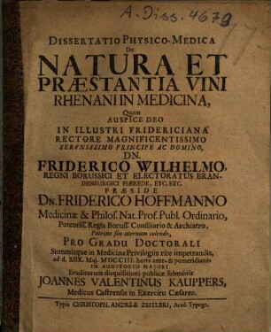 Dissertatio Physico-Medica De Natura Et Praestantia Vini Rhenani In Medicina
