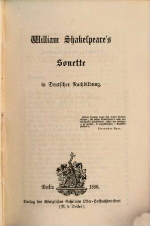 Friedrich Bodenstedt's gesammelte Schriften : Gesammt-Ausgabe in zwölf Bänden. 8, William Shakespeare's Sonette in deutscher Nachbildung