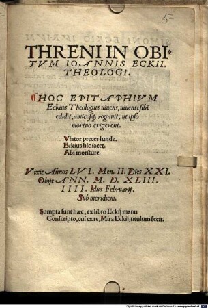 Threni in obitum Jo. Eckii theol.