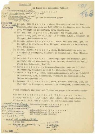 Urteil in der Strafsache Dr. Otto Mauthe u.a. wegen Euthanasie - Qu. 508-560, Blatt 1-53