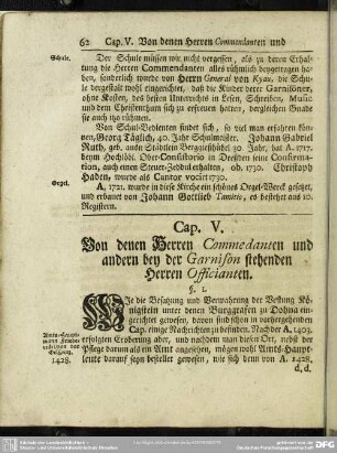 Cap. V. Von denen Herren Commedanten und andern bey der Garnison stehenden Herren Officianten