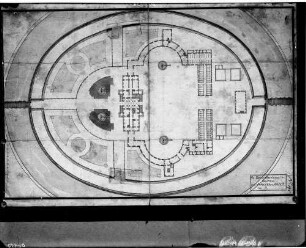 Karlsruhe - Scheibenhardt Jagdschloss Lageplan mit Ergeschossgrundriss von D.E. Rosse um 1700