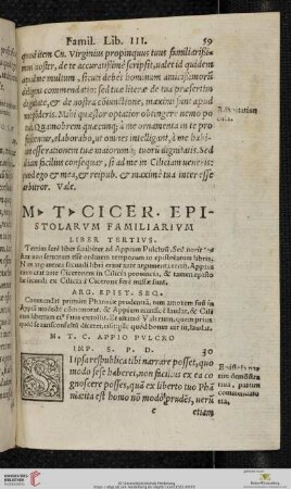 M T Ciceronis Epistolarum Familiarium Liber Tertius