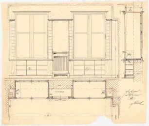 Einfamilienhaus, Berlin (?): Aufriss der Wohnzimmer-Innenwand (Fensterwand im Wohnzimmer) 1:10