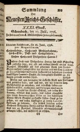 XXXI. Stuck. Schwabach, den 10. Julii, 1756.