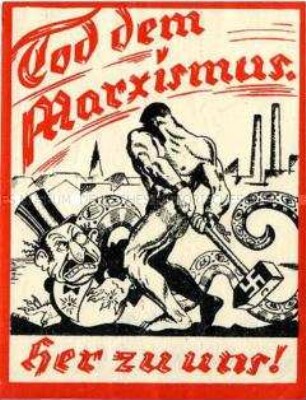 Klebezettel mit antisemitisch-antikommunistischer Karikatur und Aufschrift