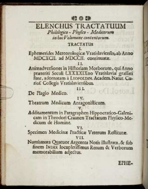 Elenchus Tractatuum Philologico-Physico-Medicorum in hoc Volumine contentorum.