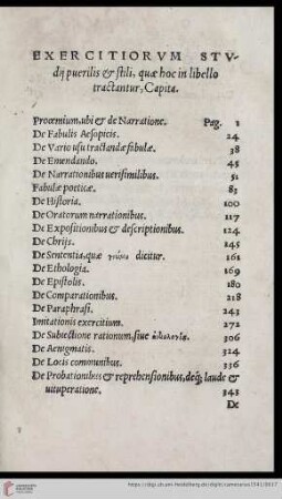 Exercitiorvm stvdij puerilis & stili, quæ hoc in libello tractantur, Capita