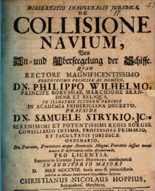 Dissertatio Inauguralis Juridica De Collisione Navium : = Von An- und Uberseegelung der Schiffe