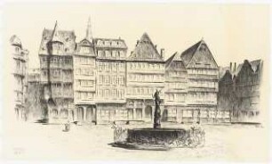 Restaurant Heyland, Römerberg, Frankfurt/Main: Perspektivische Ansicht vom Brunnen