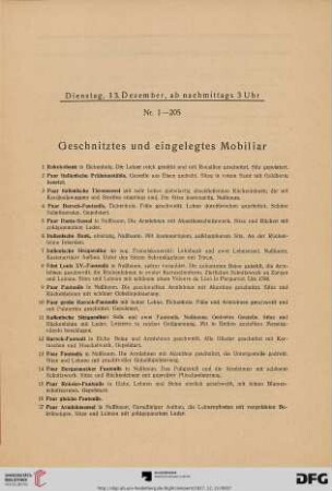 Geschnitztes und eingelegtes Mobiliar (Nr. 1-101)