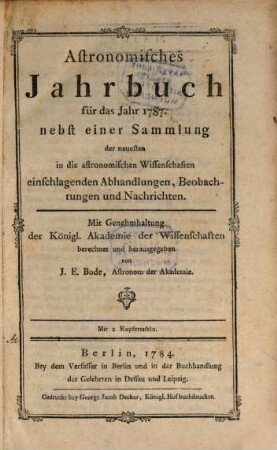 Astronomisches Jahrbuch. 1787, 1787 (1784)