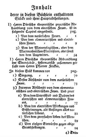 Innhalt derer in diesem Büchlein enthaltenen Stücke und ihrer Hauptabtheilungen.