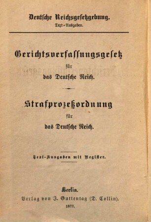 Gerichtsverfassungsgesetz für das Deutsche Reich : Text-Ausgabe