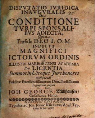 Disp. iur. inaug. de conditione turpi, sponsalibus adiecta