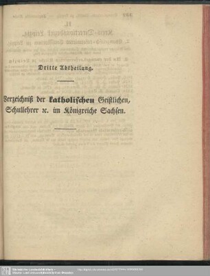 Dritte Abtheilung. Verzeichniß der katholischen Geistlichen, Schullehrer [et]c. im Königreiche Sachsen