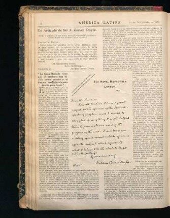 Un Artículo de Sir A. Conan Doyle. : (Carta y artículo con que honra nuestra publicación el eminete escritor inglés Sir Arthur Conan Doyle.)