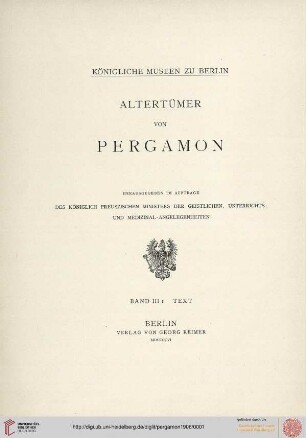Band III,1, Text: Altertümer von Pergamon: Der grosse Altar - der obere Markt