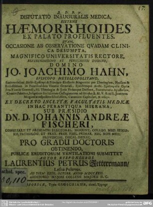 Disputatio Inauguralis Medica, Sistens Haemorrhoides Ex Palato Profluentes