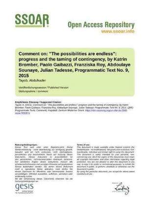 Comment on: "The possibilities are endless": progress and the taming of contingency, by Katrin Bromber, Paolo Gaibazzi, Franziska Roy, Abdoulaye Sounaye, Julian Tadesse, Programmatic Text No. 9, 2015
