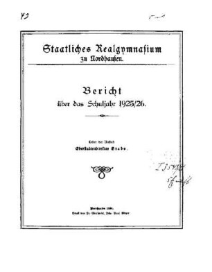 1925/26: Bericht des Staatlichen Realgymnasiums Nordhausen ... - 1925/26