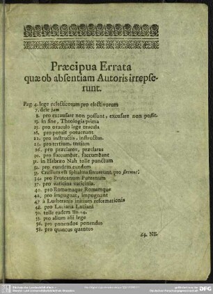 Praecipua Errata quae ob absentiam Autoris irrepserunt