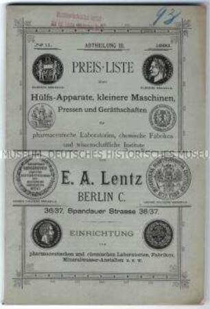 Preisliste über Hilfsapparate und Maschinen für pharmazeutische und chemische Labors