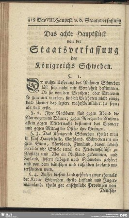 Das achte Hauptstück von der Staatsverfassung des Königreichs Schweden