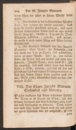 VIII. Der seligen Jungfer Sturmin Einsamkeit und Umgang.
