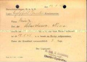 Mitteilung über die Verlegung einer "Ostarbeiterin" ins Krankenrevier - Sachkonvolut