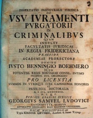 Dissertatio Inavgvralis Ivridica De Vsv Ivramenti Pvrgatorii In Criminalibvs
